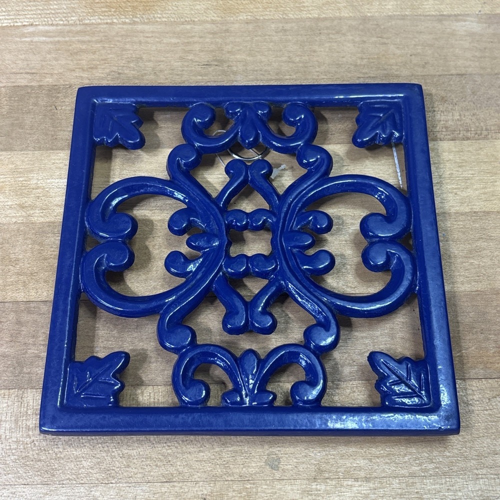 Vintage Blue Cast Iron Trivet Scrollwork Hot Plate Kitchen Decor Square